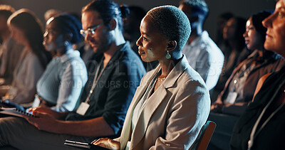 Buy stock photo Listening, night and business woman at conference for tech seminar, app launch and quantum computing technology. Innovation, learning and workshop panel with people or audience at expo for ai forum