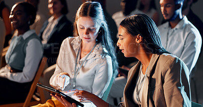 Buy stock photo Business women, audience and talking with tablet at convention for corporate training or learning. Finance expo, people and forum speech at team building event for career development and networking