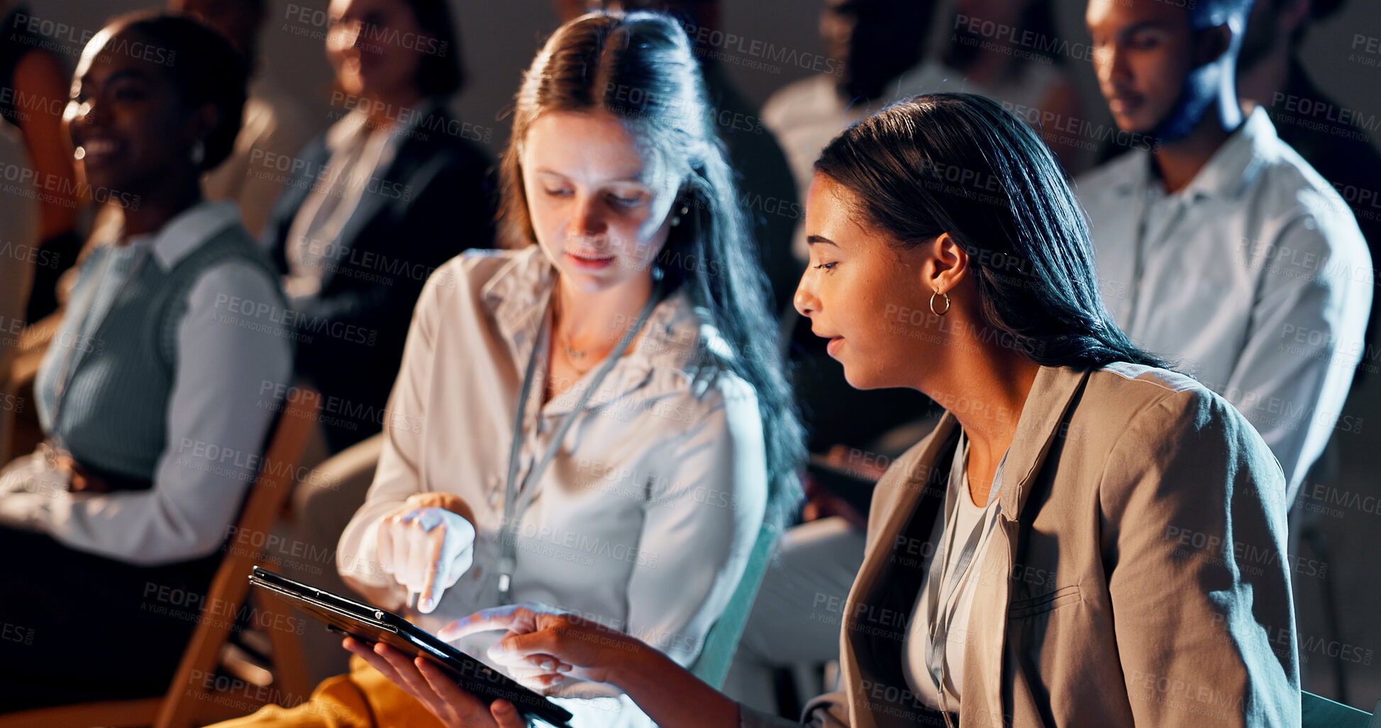 Buy stock photo Business women, audience and talking with tablet at convention for corporate training or learning. Finance expo, people and forum speech at team building event for career development and networking