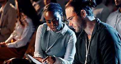 Buy stock photo Business people, audience and talking with tablet at seminar for corporate training or learning. Finance expo, convention and forum speech at team building event for career development and networking