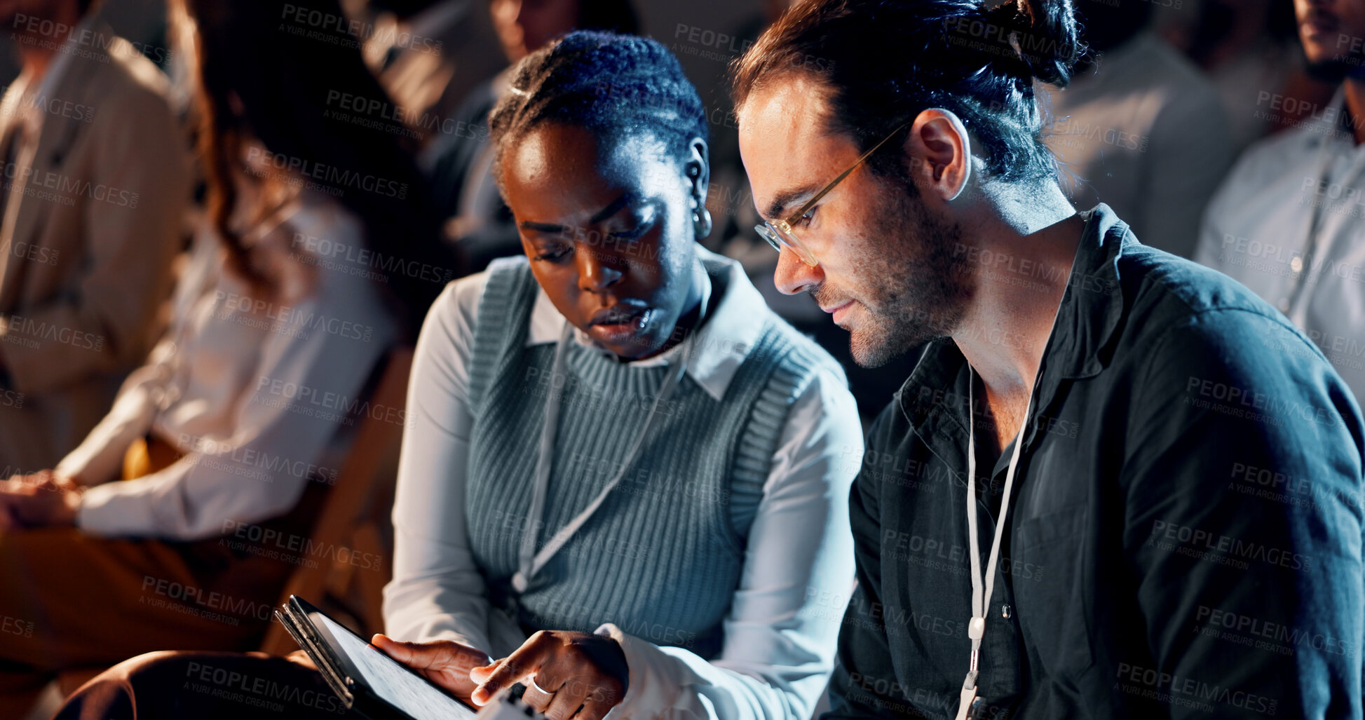 Buy stock photo Business people, audience and talking with tablet at seminar for corporate training or learning. Finance expo, convention and forum speech at team building event for career development and networking