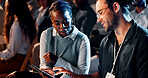 Business people, audience and learning with tablet at seminar for corporate training or talking. Finance expo, convention and forum speech at team building event for career development and networking