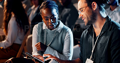 Buy stock photo Business people, audience and learning with tablet at seminar for corporate training or talking. Finance expo, convention and forum speech at team building event for career development and networking