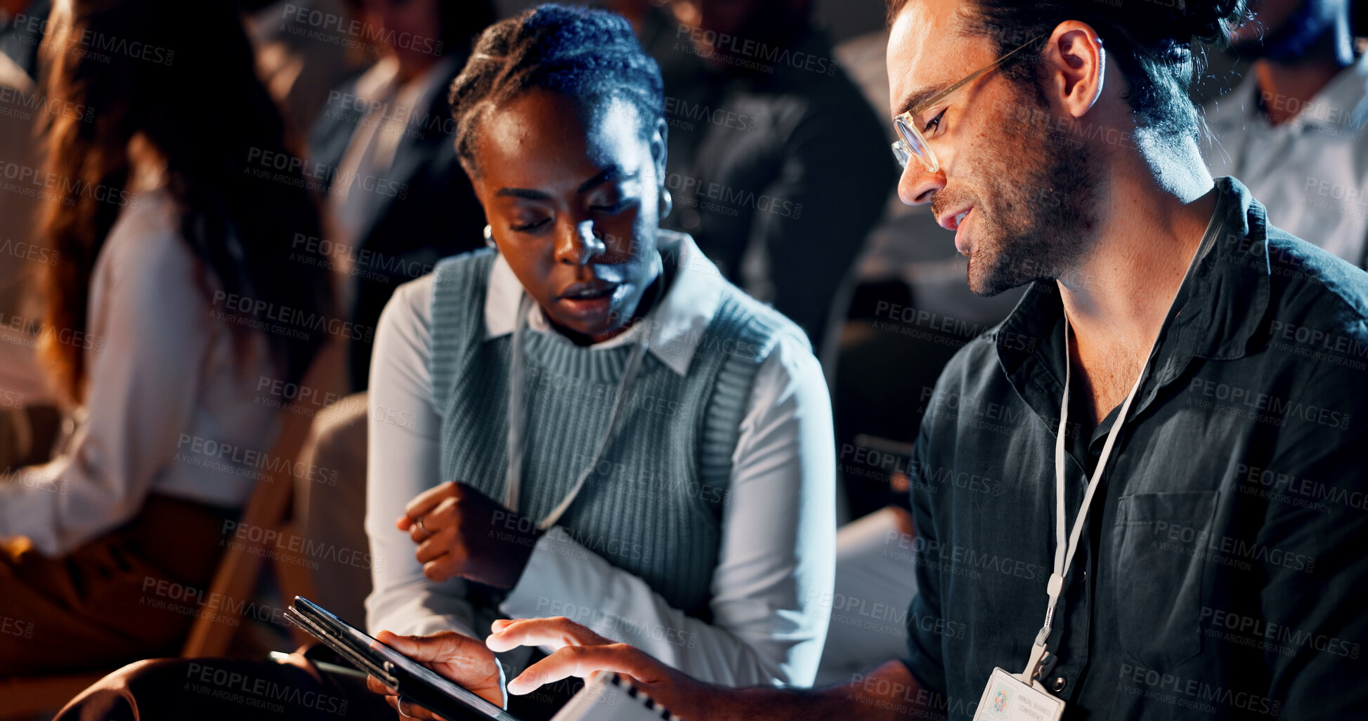 Buy stock photo Business people, audience and learning with tablet at seminar for corporate training or talking. Finance expo, convention and forum speech at team building event for career development and networking