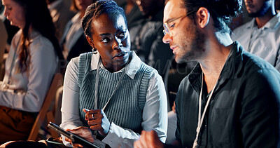 Buy stock photo Business people, audience and talking with tablet at convention for corporate training or learning. Finance expo, group and forum speech at team building event for career development and networking