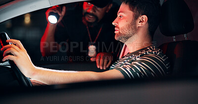 Buy stock photo Man, police and check car at night for drunk driving, registration search and traffic warning. Person, law enforcement and licence crime for investigation, transport risk and stop for speed violation