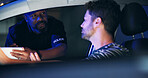 Men, police and stop car at night for speeding ticket, registration check and traffic warning. People, law enforcement and licence crime of drunk driving, fine penalty and transport risk of violation