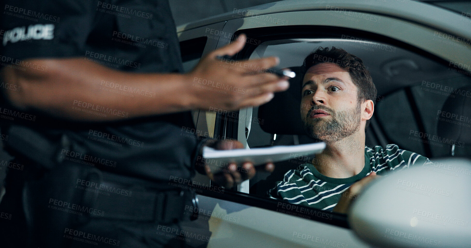 Buy stock photo Man, police and stop car for fine of speeding ticket, registration check and traffic warning. Person, law enforcement and licence for drunk driving, legal penalty and transport risk of crime at night