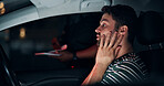 Traffic stop, man and mistake in car with police, search and frustrated for drunk driving or speeding at night. Travel, transport and driver in vehicle for highway patrol, ticket or street compliance