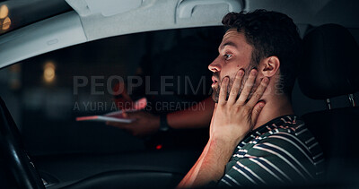 Buy stock photo Traffic stop, man and stress in car with police, dui and frustrated for drunk driving or speeding at night. Travel, transport and driver in vehicle for highway patrol, ticket or street compliance