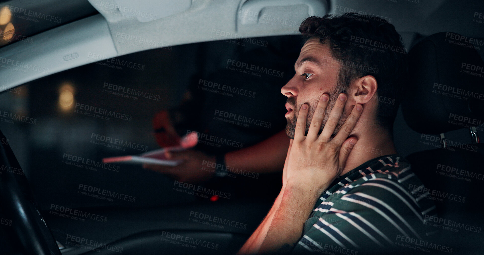 Buy stock photo Traffic stop, man and stress in car with police, dui and frustrated for drunk driving or speeding at night. Travel, transport and driver in vehicle for highway patrol, ticket or street compliance
