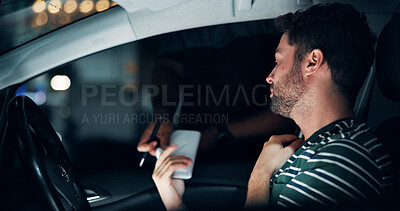 Buy stock photo Traffic stop, man and ticket in car with police, lights and stress for drunk driving or speeding at night. Travel, transport and driver in vehicle with highway patrol, frustrated or street compliance