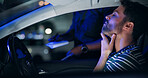 Traffic stop, man and fear in car with police, lights and frustrated for drunk driving or speeding at night. Travel, transport and driver in vehicle with highway patrol, ticket or street compliance