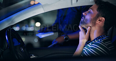 Buy stock photo Traffic police, man and stop in car with fear, lights and frustrated for drunk driving or speeding at night. Travel, transport and driver in vehicle with highway patrol, ticket or street compliance
