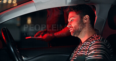 Buy stock photo Man, police and stop driver for traffic check, registration and speeding warning. Person, law enforcement and licence search for drunk driving, fine penalty and transport risk for violation at night