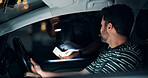 Man, officer and stop car for licence of speeding, registration check and traffic warning. Person, law enforcement and identity of drunk driving, fine penalty and transport risk of violation at night