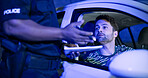 Man, police and stop car for ticket, registration check and traffic warning of speeding. Person, law enforcement and licence for drunk driving, fine penalty and transport risk for violation at night