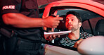 Man, officer and stop car for ticket, registration check and traffic warning of speeding. Person, law enforcement and licence for drunk driving, fine penalty and transport risk for violation at night