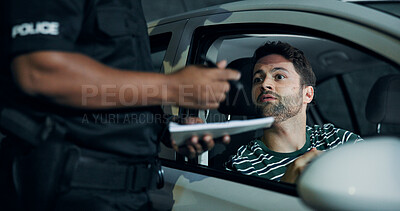 Buy stock photo Man, police and stop car for fine, registration check and speeding for traffic warning. Person, law enforcement and licence for drunk driving, ticket penalty and transport risk for violation at night