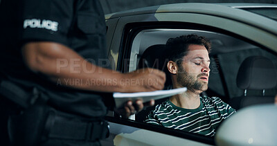 Buy stock photo Man, police and writing of ticket fine, registration and speeding for traffic warning. Person, law enforcement and licence for drunk driving, penalty receipt and transport risk for violation at night