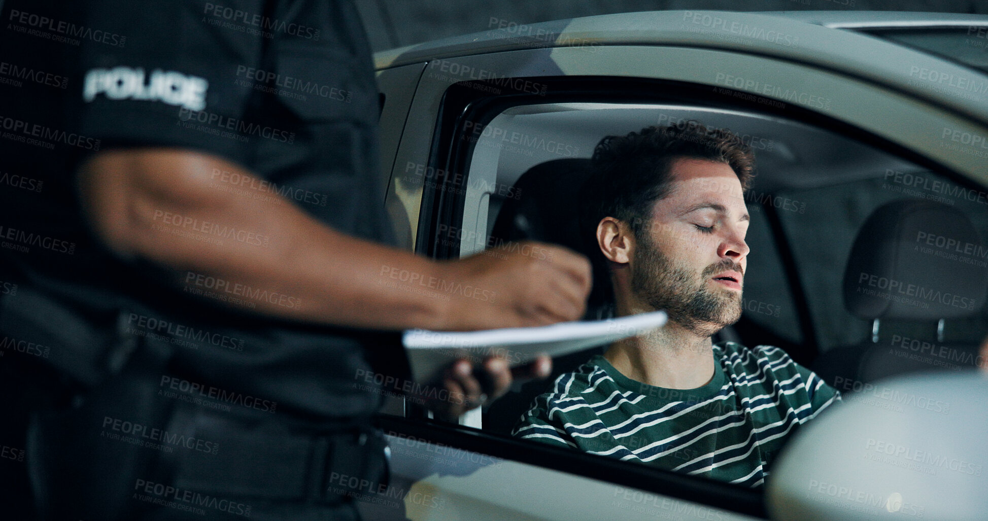Buy stock photo Man, police and writing of ticket fine, registration and speeding for traffic warning. Person, law enforcement and licence for drunk driving, penalty receipt and transport risk for violation at night