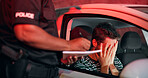 Traffic stop, man and crying in car with police, ticket and stress for drunk driving or speeding at night. Travel, transport and driver in vehicle with highway patrol, lights or street compliance