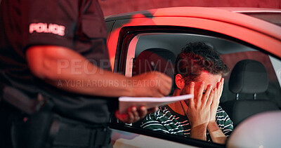Buy stock photo Traffic stop, man and crying in car with police, ticket and stress for drunk driving or speeding at night. Travel, transport and driver in vehicle with highway patrol, lights or street compliance