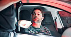 Man, police and check licence of vehicle, registration offence and traffic warning. Person, law enforcement and identity for drunk driving, fine penalty and transport risk with car violation at night