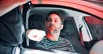 Buy stock photo Man, police and check licence of vehicle, registration offence and traffic warning. Person, law enforcement and identity for drunk driving, fine penalty and transport risk with car violation at night