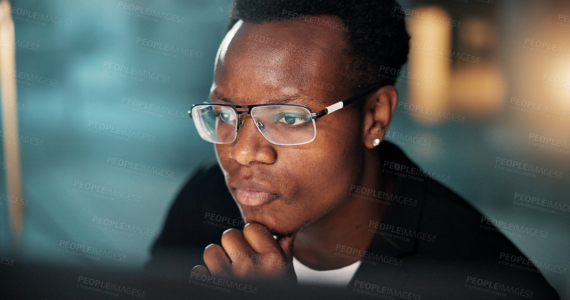 Buy stock photo Night, thinking or businessman reading with laptop, tech or news for research or funding solution. Problem solving, auditor or African financial advisor in office for accounting deadline or overtime