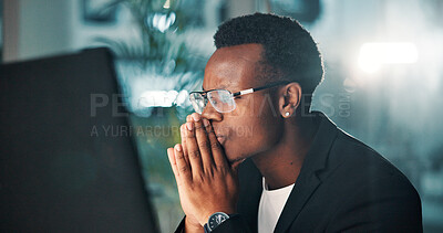 Buy stock photo Night, black man and thinking with computer, ideas and editing for agency and online solution. Person, evening and consultant with technology, problem solving or planning with internet or project