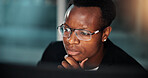 Night, black man and employee with computer, thinking and ideas for reading and online solution. Person, evening and consultant with technology, problem solving or planning with internet or project
