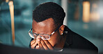 Black man, eye strain and stress at night for overtime, frustrated and pain from screen burnout in office. African employee, fatigue and tired with headache, pressure or deadline for project review