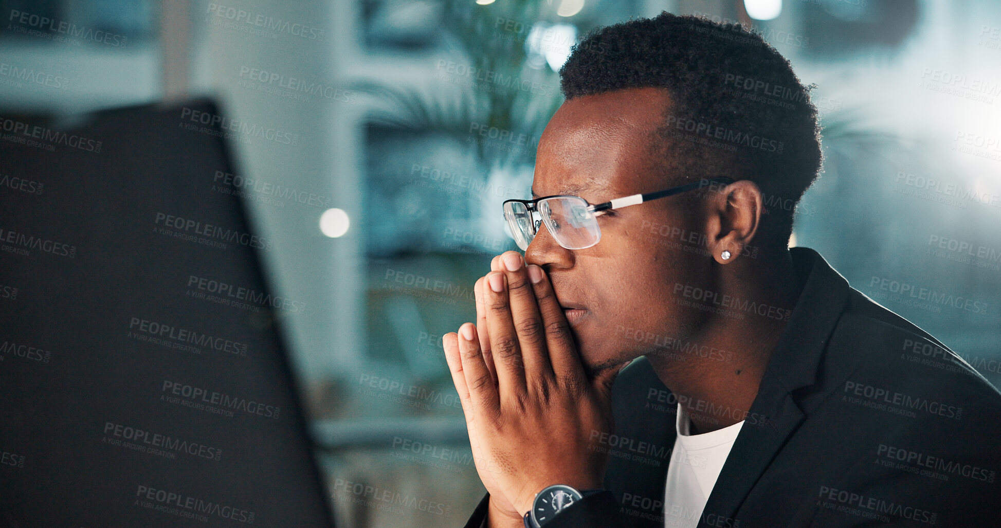 Buy stock photo Night, black man and consultant with computer, thinking and ideas for agency and online solution. Person, evening and employee with technology, problem solving or planning with internet or project