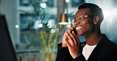 Buy stock photo Night, black man and phone call with computer, smile and ideas for agency and online solution. Person, evening and consultant with technology, problem solving or planning with internet or project