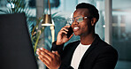 Project, black man and phone call with computer, smile and ideas for agency and online solution. Person, evening and consultant with technology, problem solving or planning with internet and night
