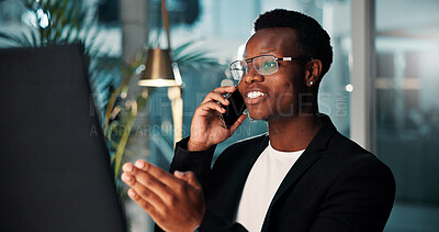 Buy stock photo Project, black man and phone call with computer, smile and ideas for agency and online solution at night. Person, evening and consultant with technology, problem solving or planning with internet