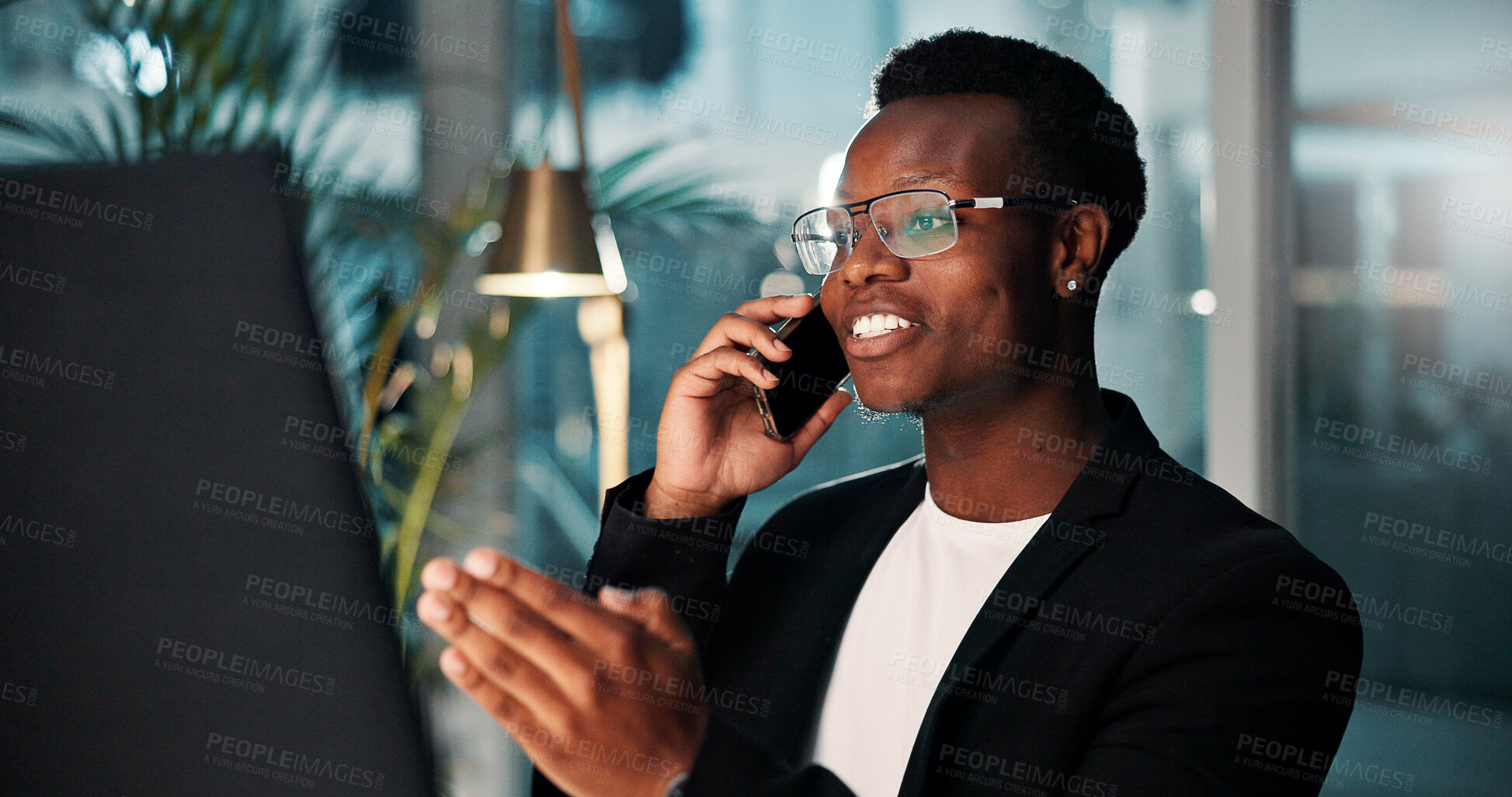 Buy stock photo Project, black man and phone call with computer, smile and ideas for agency and online solution at night. Person, evening and consultant with technology, problem solving or planning with internet