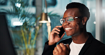 Buy stock photo Fist pump, black man and phone call with office, smile and ideas for night agency and success. Person, celebration and consultant with tech, problem solving or overtime with internet and online deal