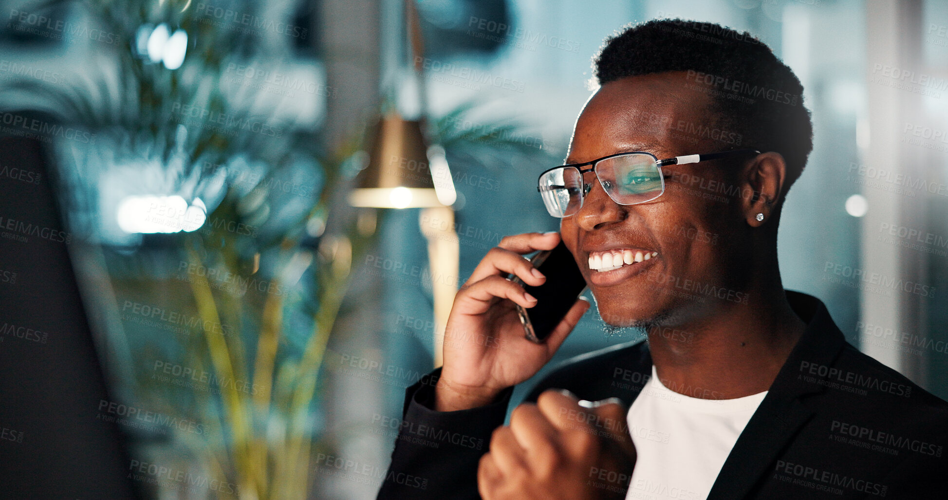 Buy stock photo Fist pump, black man and phone call with office, smile and ideas for night agency and success. Person, celebration and consultant with tech, problem solving or overtime with internet and online deal