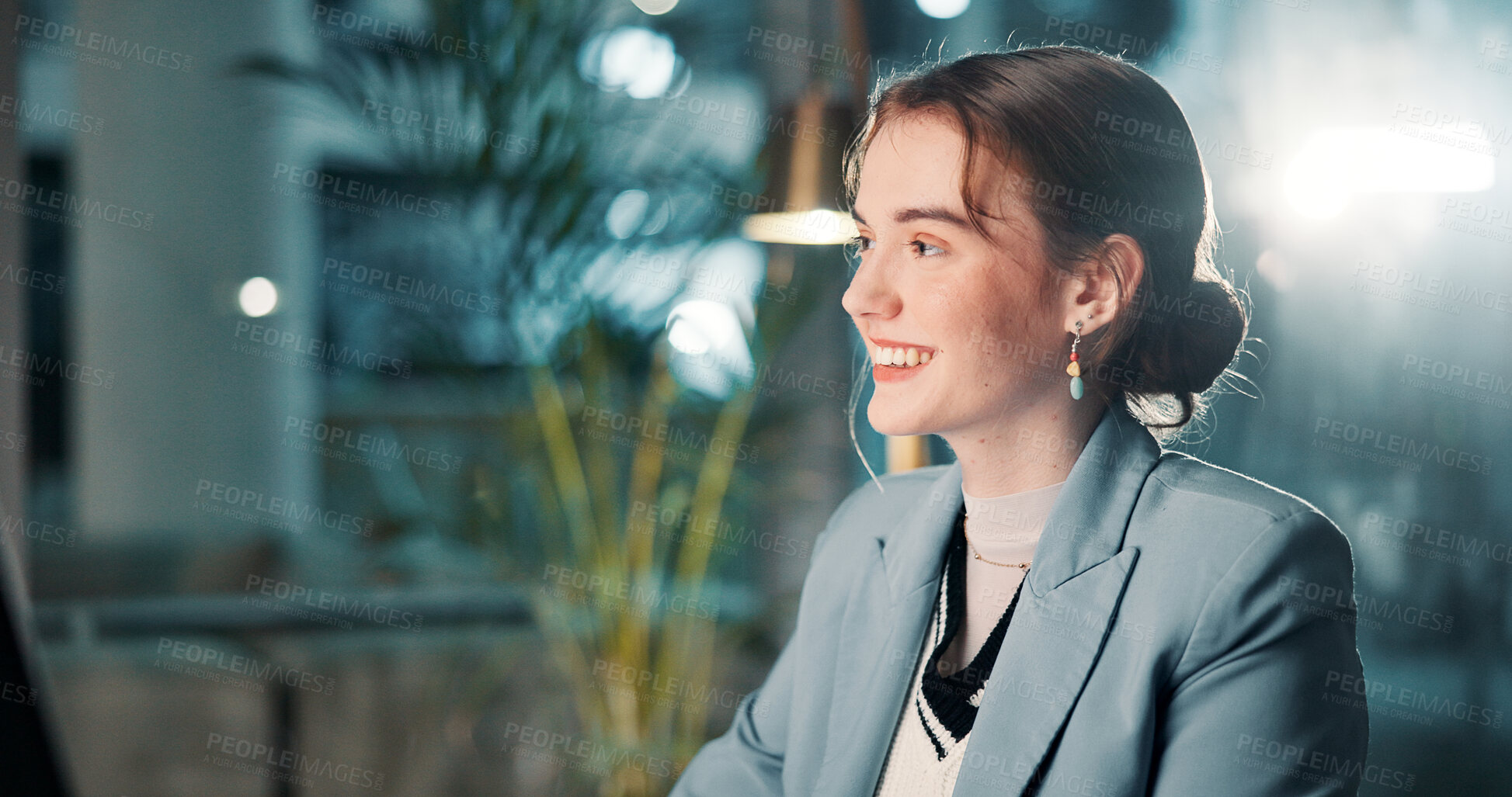 Buy stock photo Night, review or businesswoman with smile, finance and technology with good news for funding approval. Computer, audit and happy financial advisor in office for accounting deadline or late overtime