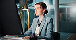 Night, business and woman with computer, online reading and internet with email for funding approval. Person, evening and employee in office, financial advisor and accounting with deadline for stats