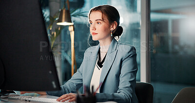 Buy stock photo Night, business and woman with computer, online reading and internet with email for funding application. Accountant, evening and employee in office, financial advisor and accounting with deadline