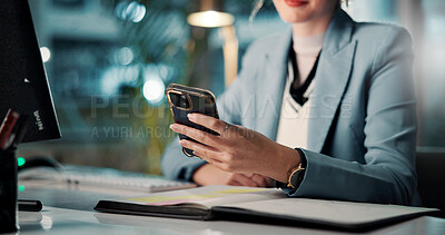 Buy stock photo Night, texting and hands with smartphone, office and communication with tech for task, woman or online. Business, account manager and late with mobile for message, typing or chat for project on app