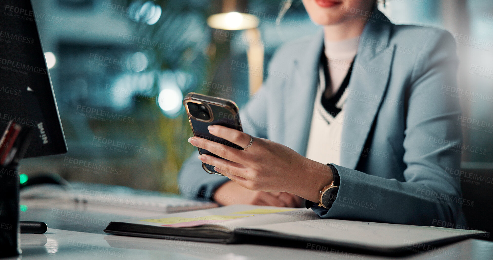 Buy stock photo Night, texting and hands with smartphone, office and communication with tech for task, woman or online. Business, account manager and late with mobile for message, typing or chat for project on app