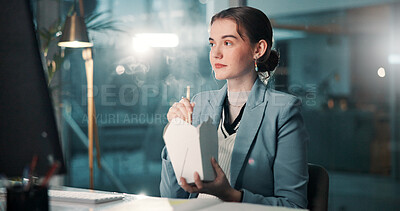 Buy stock photo Business, computer or woman with eating fast food in office for working break, publishing deadline or reading feedback. Night, journalist and chinese takeout for overtime, hungry or proofreading blog