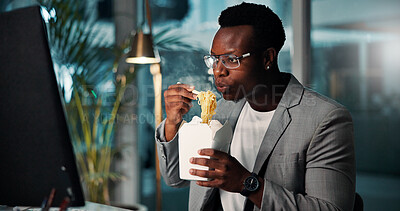 Buy stock photo Business, computer or man with eating fast food in office for working break, publishing deadline and proofreading story. Night, journalist and black person with ramen for overtime dinner and hungry