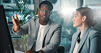 Business people, computer and team conversation at night for project deadline, insurance or risk management. Meeting, planning and discussion in office for financial coverage, policy or brainstorming