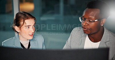 Buy stock photo Business people, computer and team brainstorming at night for project deadline, insurance or risk management. Meeting, planning and discussion in office for financial coverage, policy or conversation