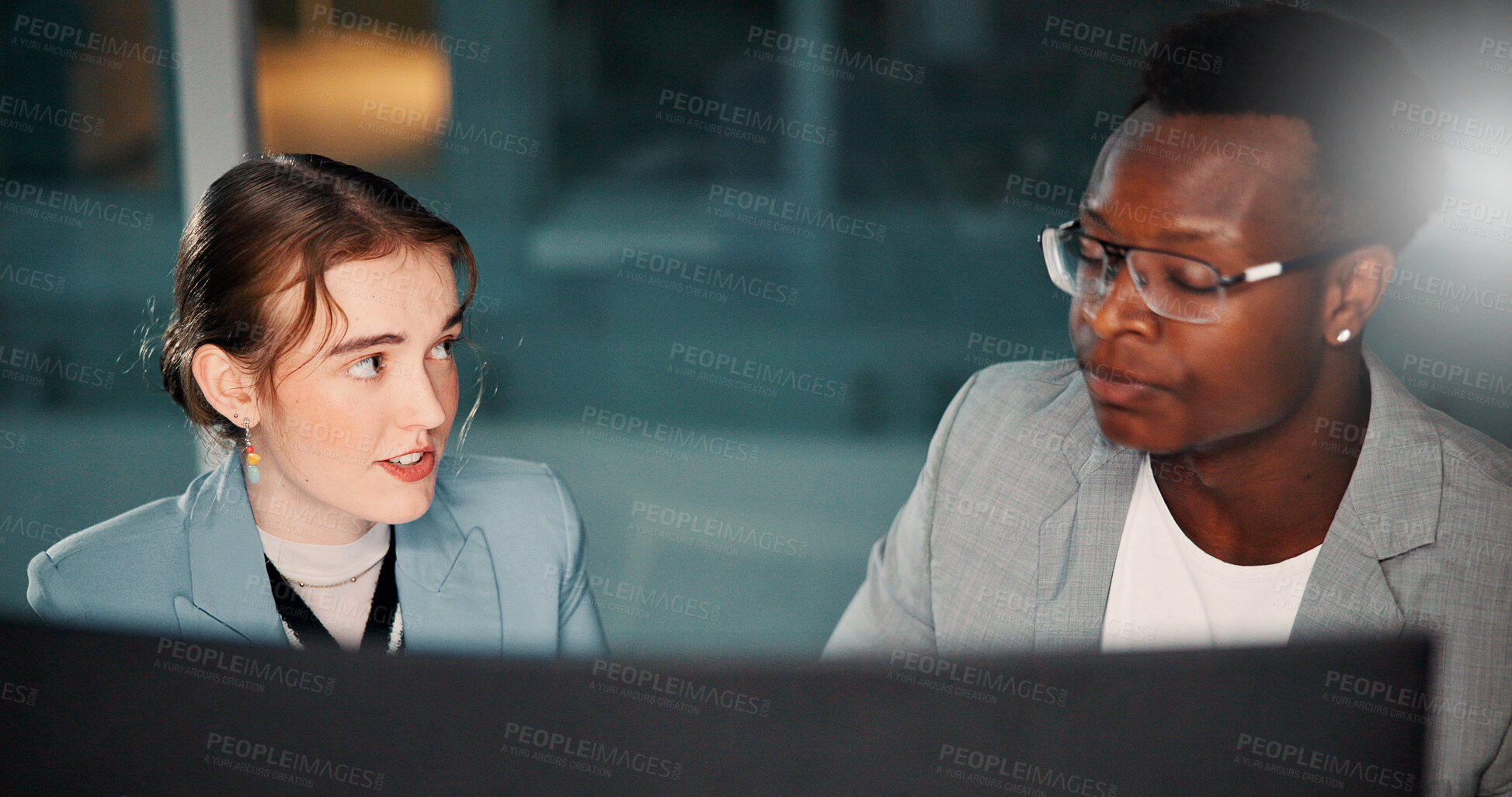 Buy stock photo Business people, computer and team brainstorming at night for project deadline, insurance or risk management. Meeting, planning and discussion in office for financial coverage, policy or conversation